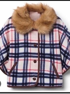 Janie & Jack Girls Size 5-6 Plaid Faux-Fur Collar Coat - Navy & Pink
